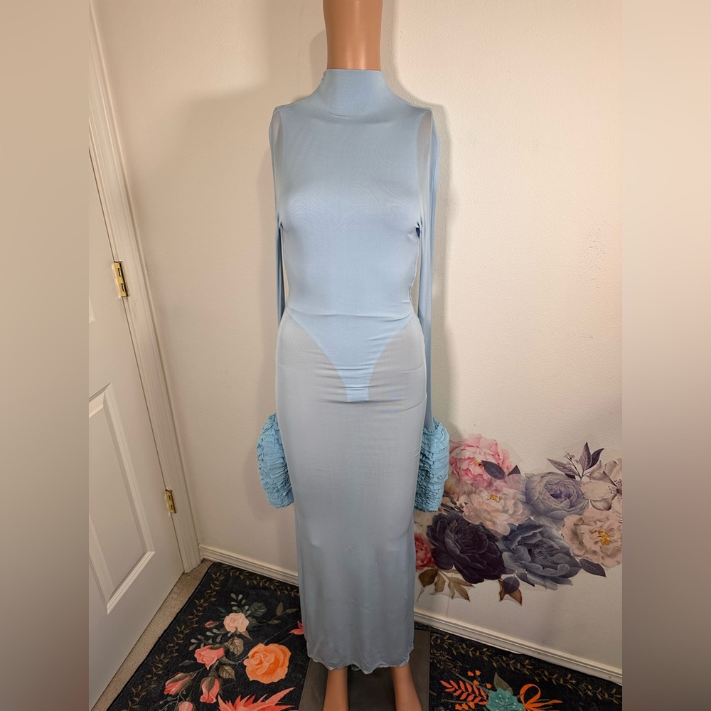 New Alaia Ruffle Dress in Ciel blue long sleeve maxi jersey bodycon - Picture 2 of 15